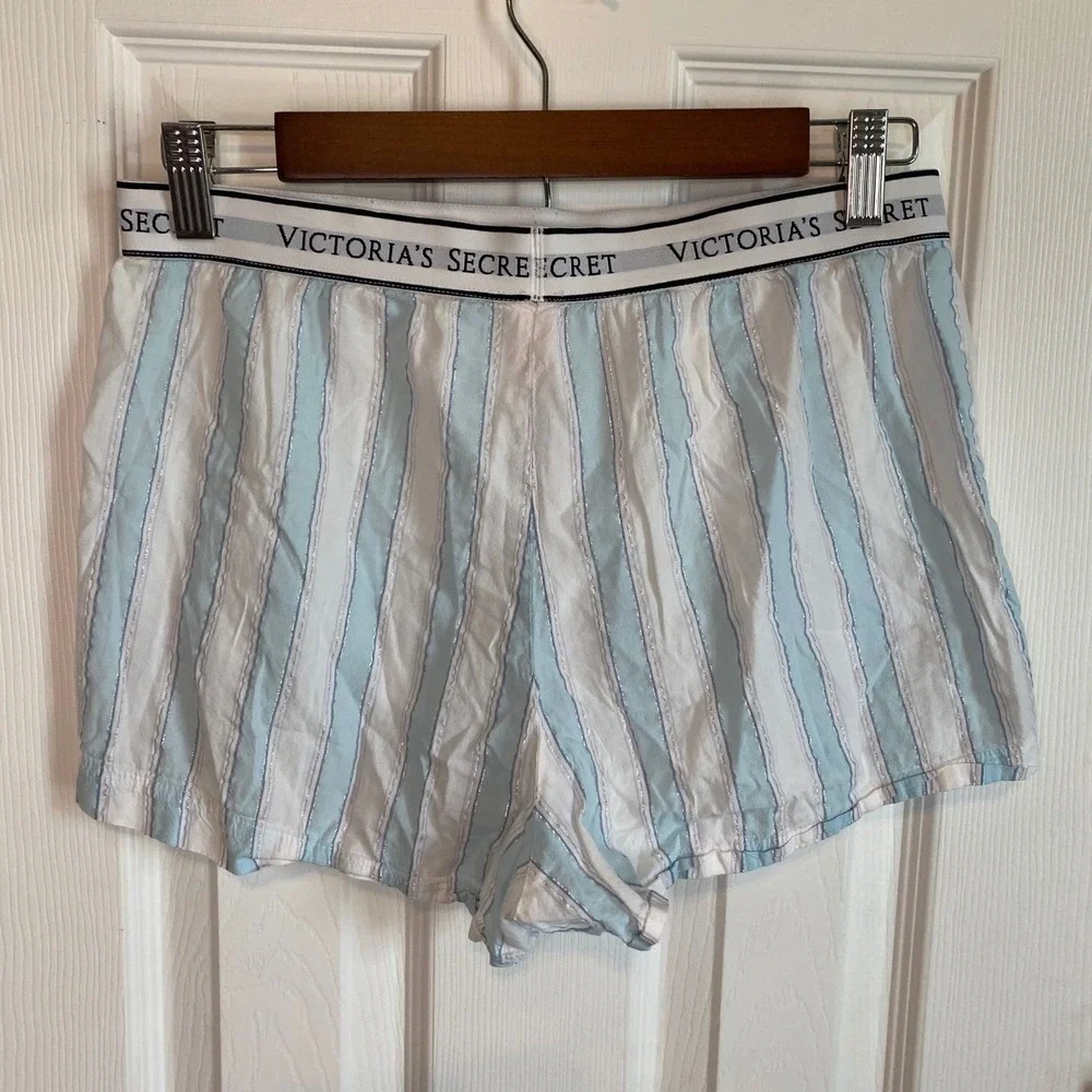 Victoria's Secret Pajama Shorts Small Blue White Striped Silver Lurex Logo Waist